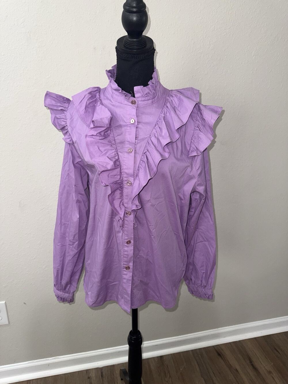 Karlie Solid Poplin Ruffle Button Purple Long Sleeve Blouse Large Cottagecore￼